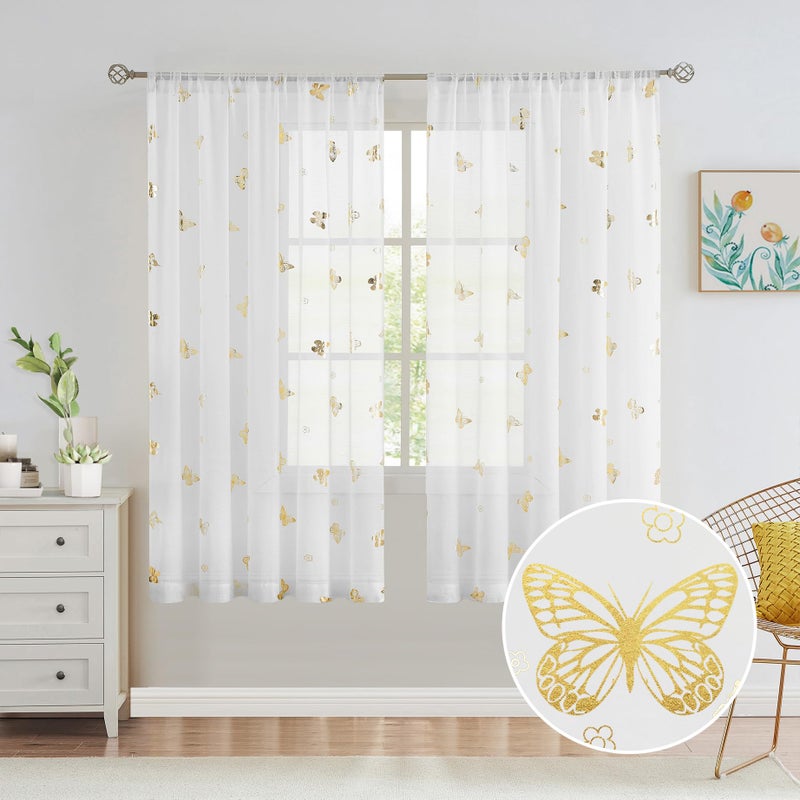 Jubilantex Butterfly White Sheer Curtain Panels for Kids Nursery Girl, Gold Print Toddler Linen Textured Voile Rustic Rod Pocket Drapes 63 Inch for Farmhouse, Living Room, Bedroom, 2 Panels - Image 1